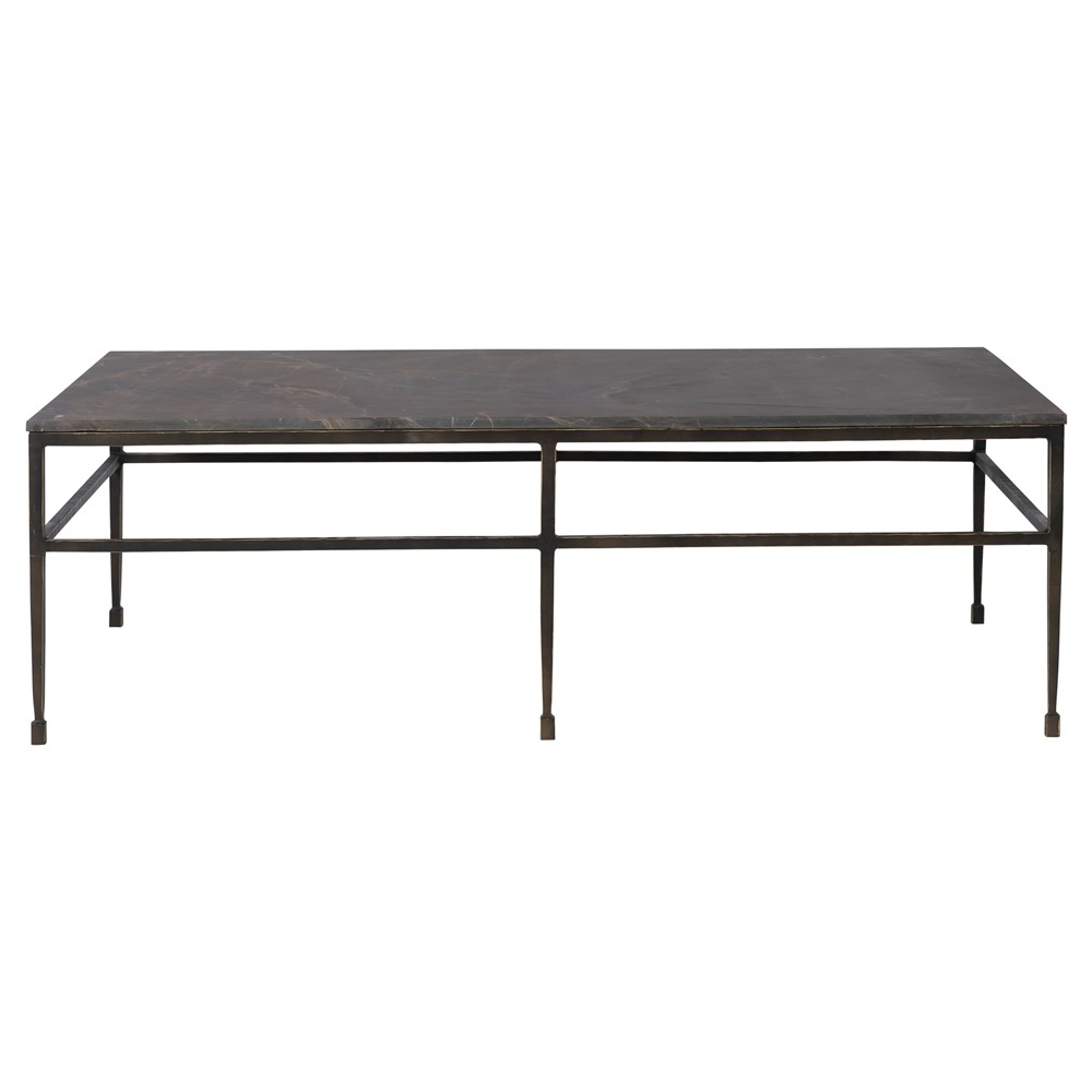 Century Orvieto Updated Traditional Grey Marble Bronze Metal Rectangular Coffee Table|