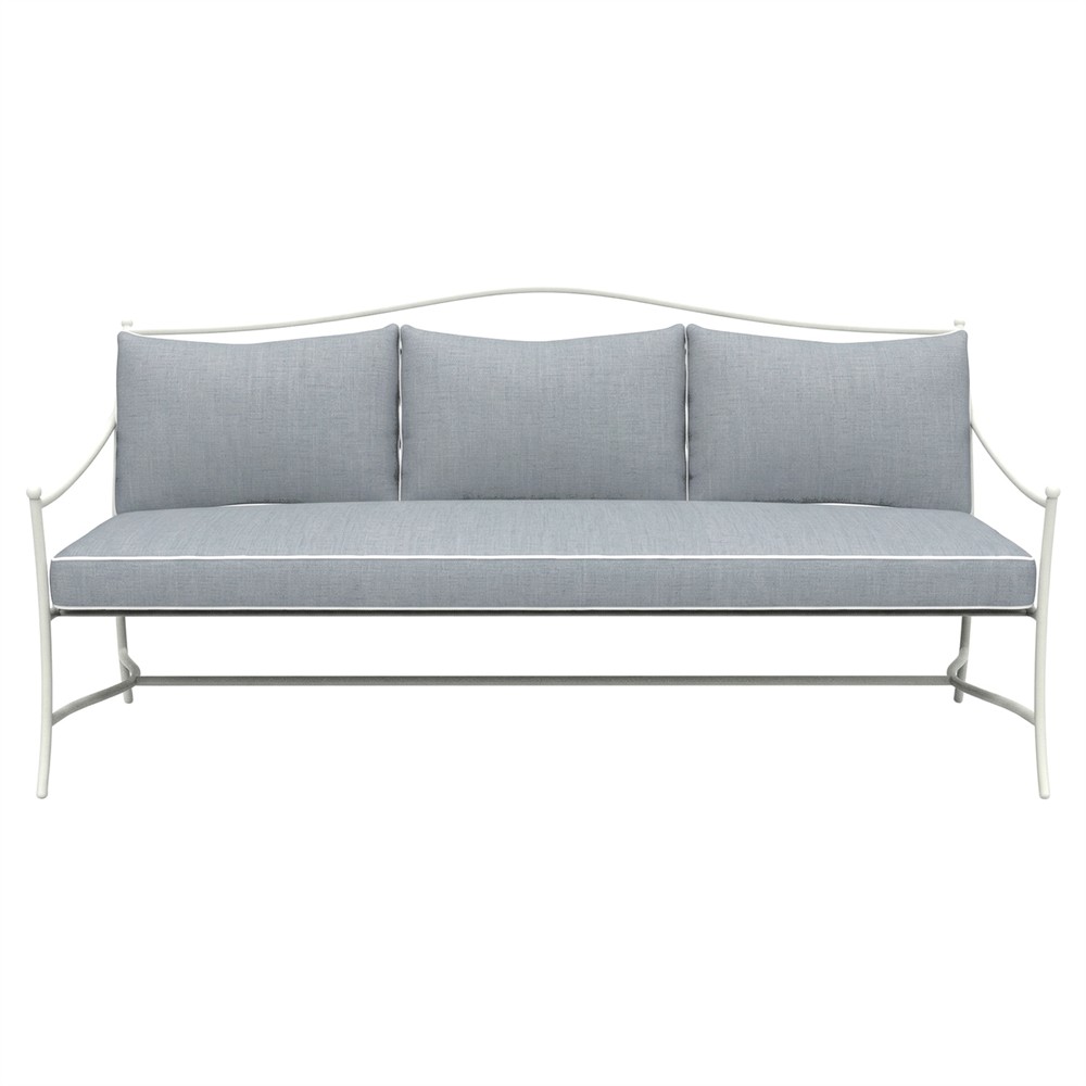 Clemence Blue Haze Sunbrella White Iron Outdoor Sofa - 83"|