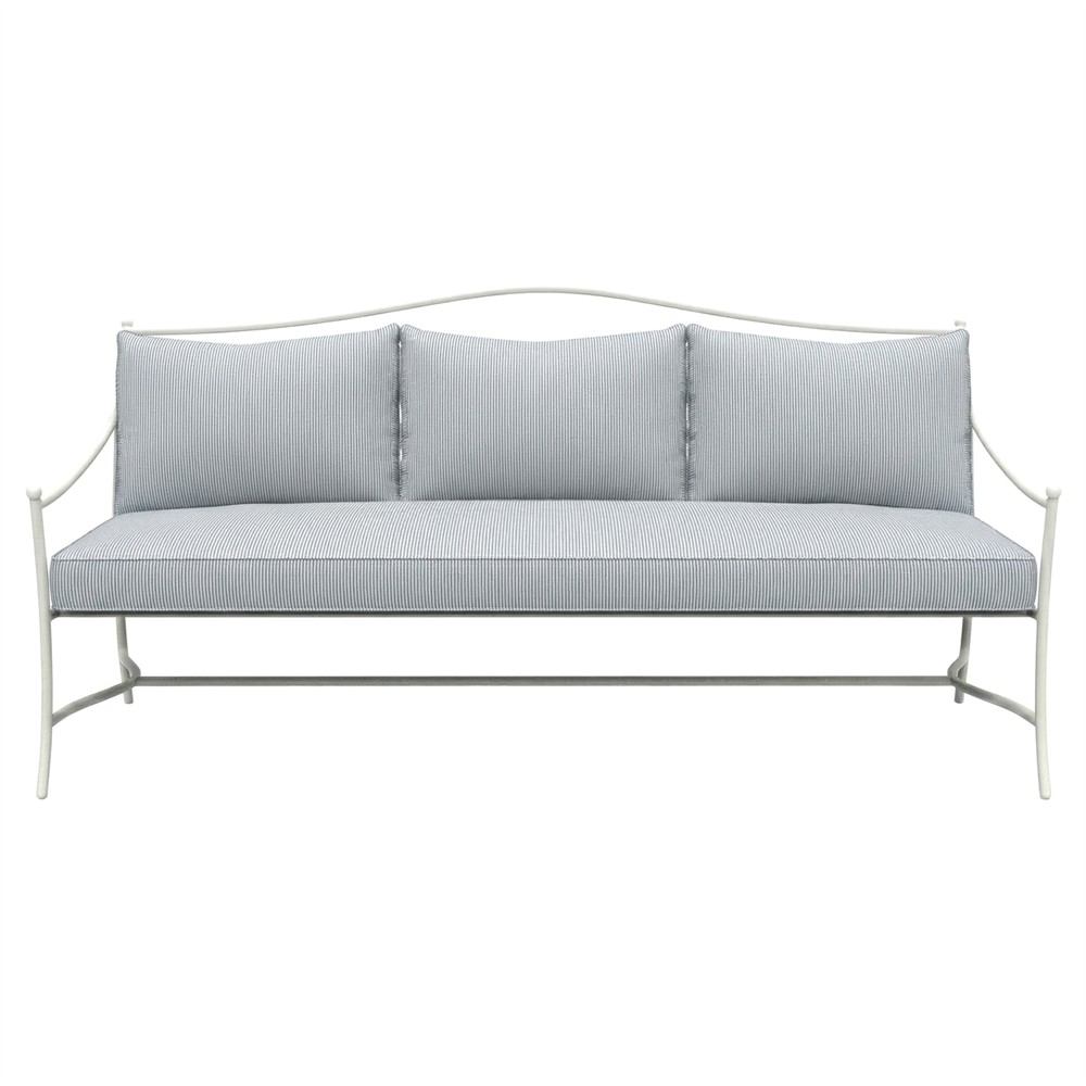 Clemence Sea Breeze Striped Sunbrella White Iron Outdoor Sofa - 83"|