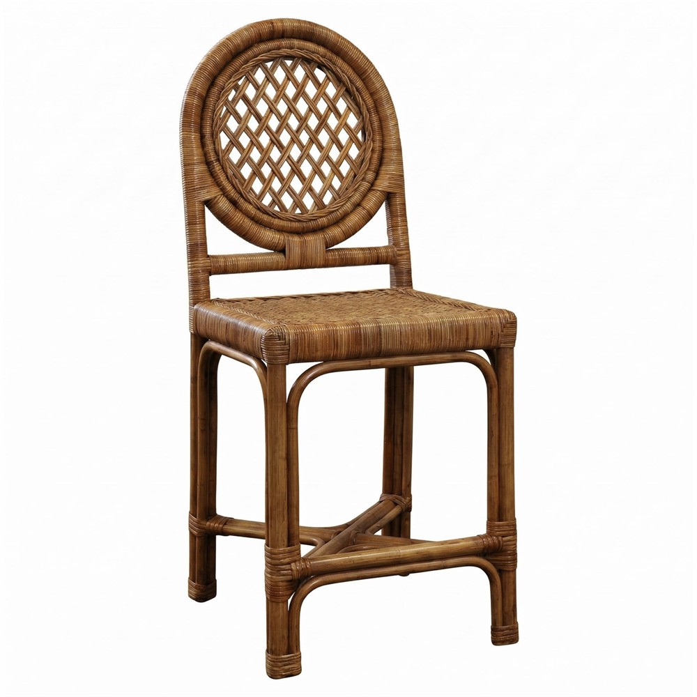 Louise Coastal Beach Chestnut Brown Handwoven Rattan Counter Stool|