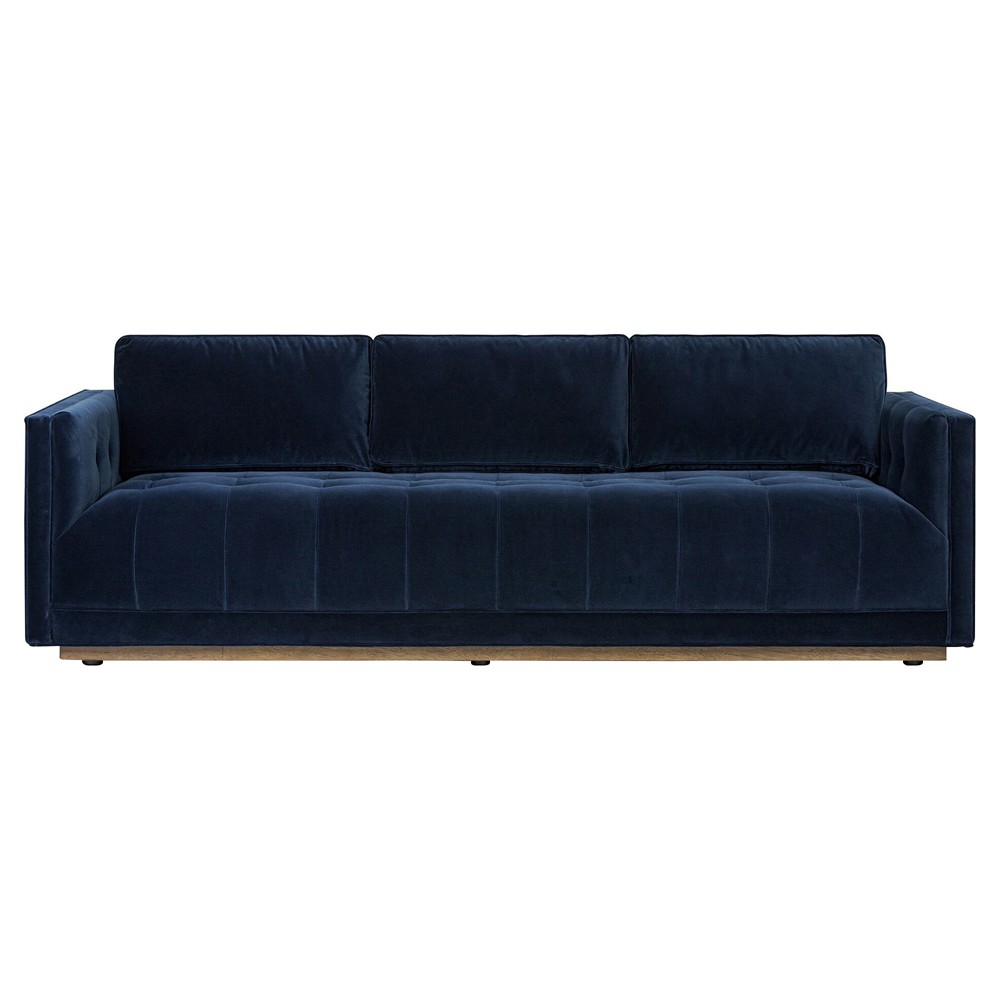 Celeste Rustic Lodge Dark Blue Velvet Brown Wood Tufted Sofa - 90"|