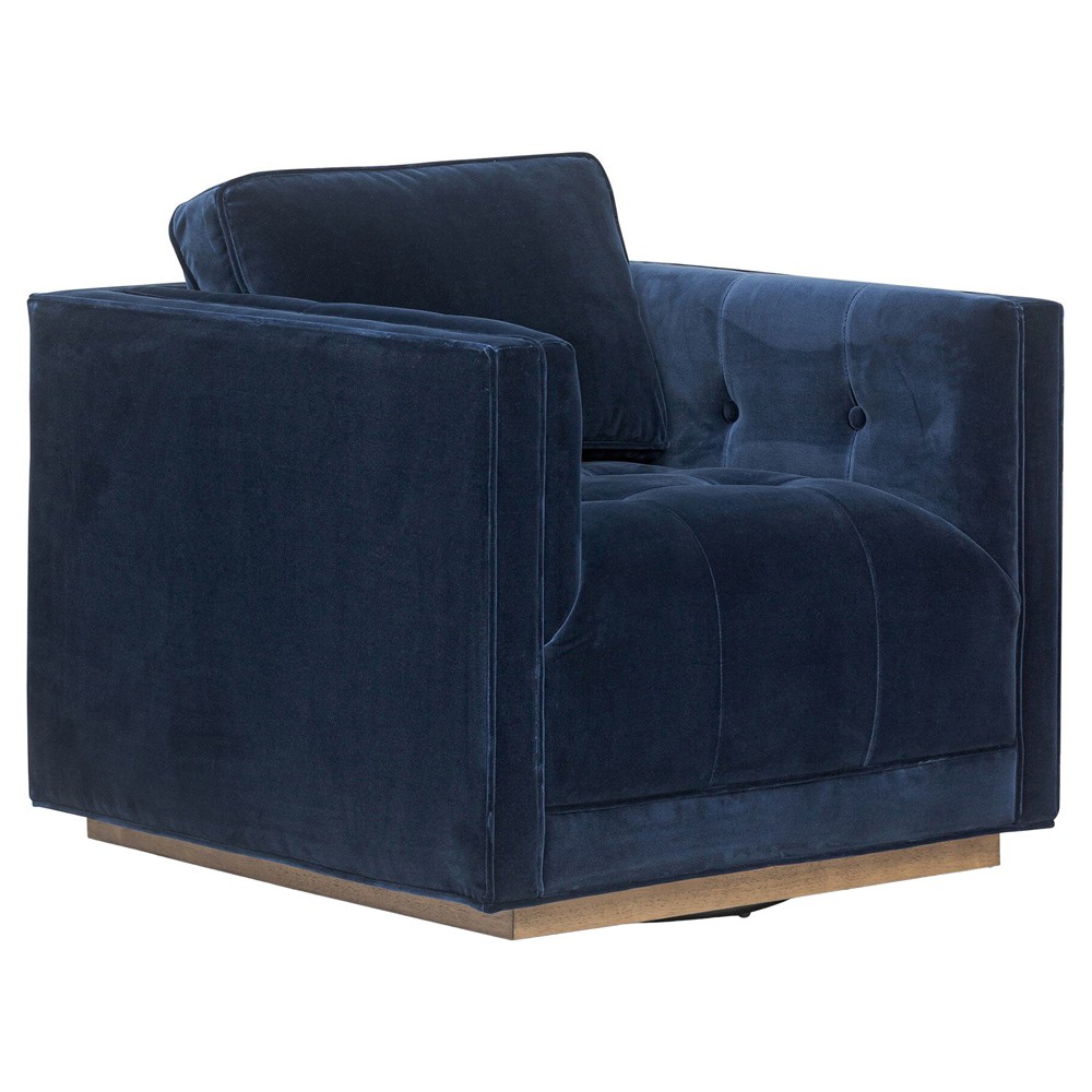 Celeste Rustic Lodge Dark Blue Velvet Brown Wood Tufted Swivel Arm Chair|