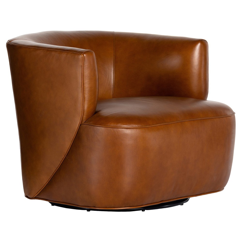 Adelyn Modern Classic Dark Brown Leather Swivel Barrel Arm Chair|