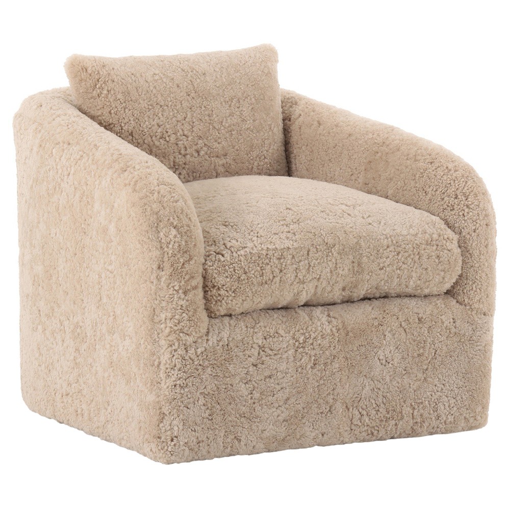 Perrin Modern Classic Beige Shearling Swivel Barrel Chair|