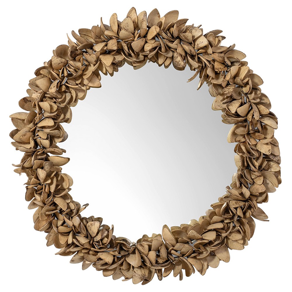 Palecek Siena Coastal Beach Light Brown Coco Shell Round Wall Mirror|