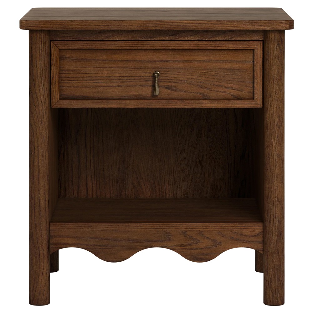 Maeva Updated Traditional Brown Oak Wood Scalloped Nightstand |