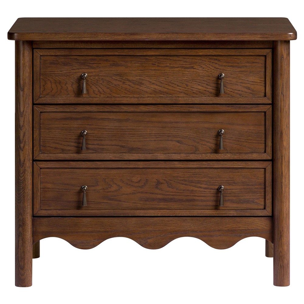 Maeva Updated Traditional Brown Oak Wood Scalloped Wide Nightstand |