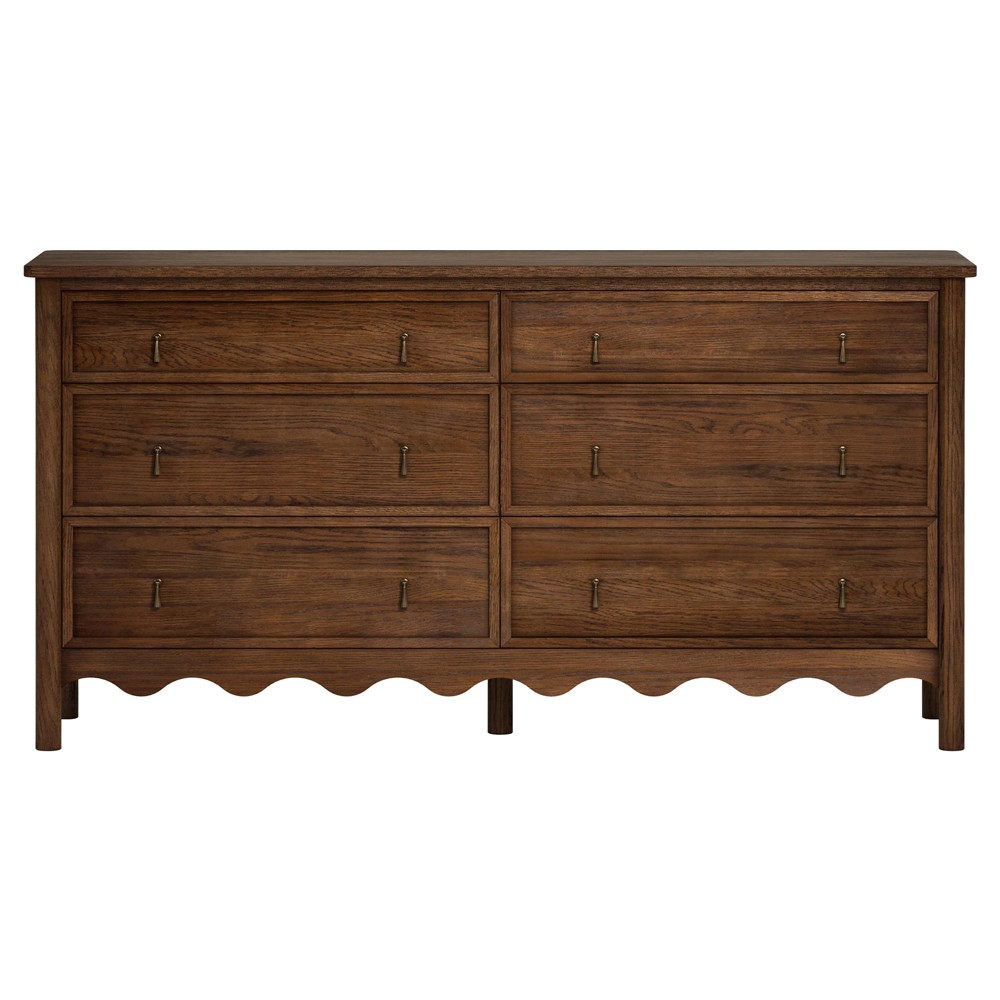Maeva Updated Traditional Brown Oak Wood Scalloped Double Dresser|