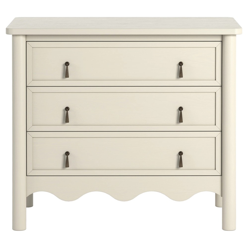 Maeva Updated Traditional Cream Oak Wood Scalloped Wide Nightstand |