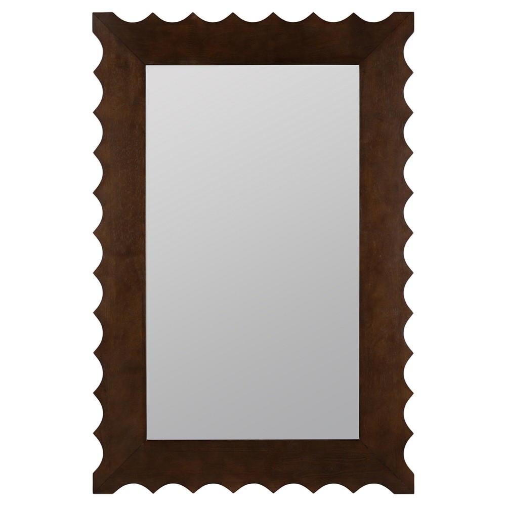 Laurent Updated Traditional Dark Brown Wood Scalloped Wall Mirror|