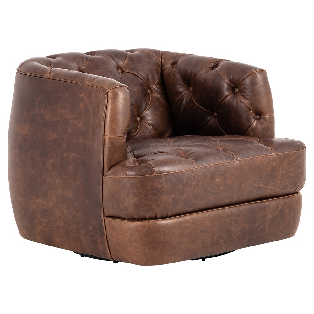 Paul Modern Classic Brown Leather Swivel Tufted Chair|