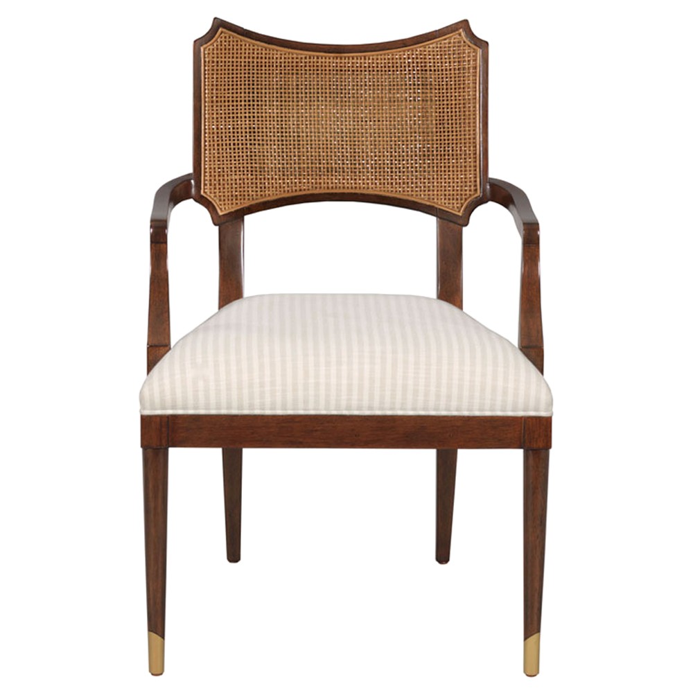 Powers French Country Cream Stripe Cane Dark Brown Wood Dining Arm Chair|