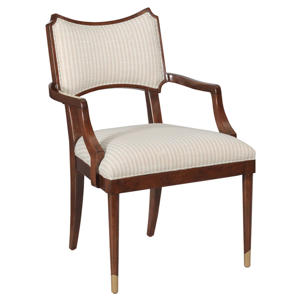 Powers French Country Cream Stripe Dark Brown Wood Dining Arm Chair|