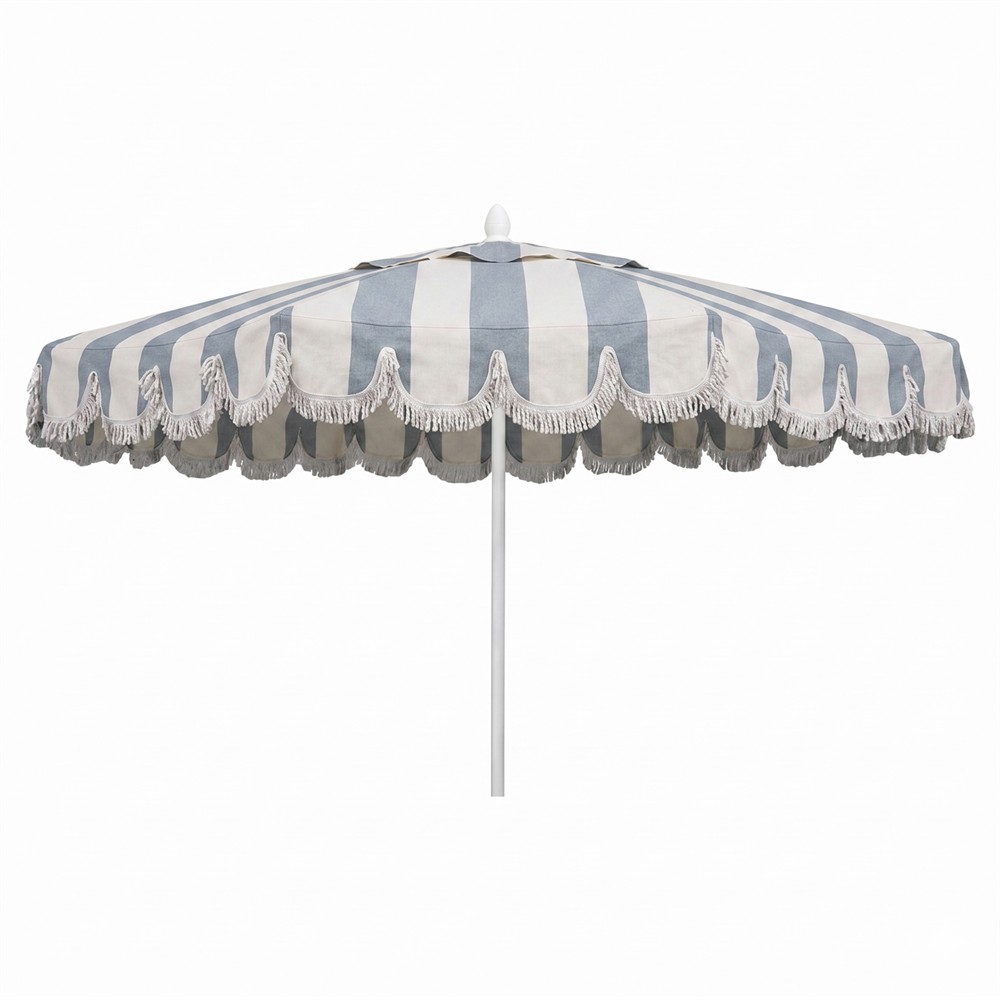 denim patio umbrella Camille French Country Leisure Denim Striped Sunbrella Umbrella