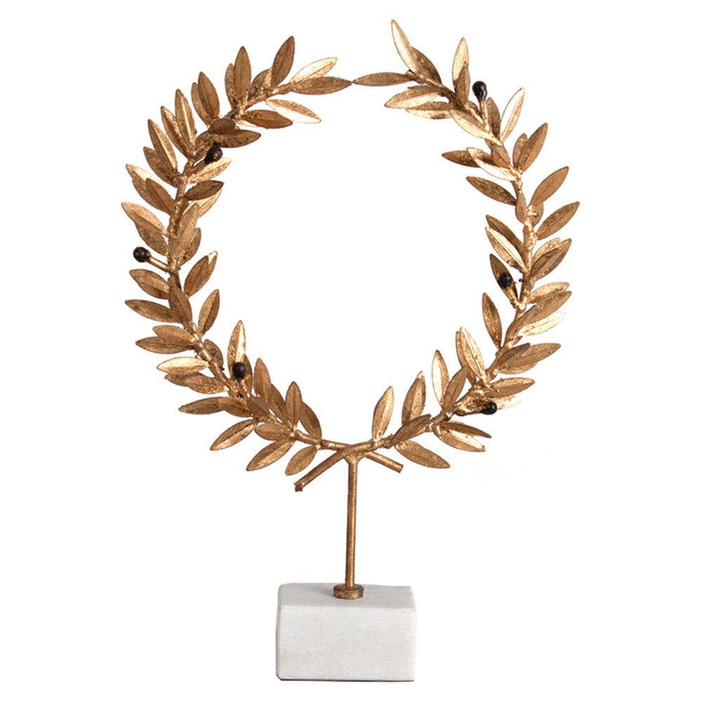 Blake French Country Aged Gold Iron Wreath White Alabaster Base Sculpture|