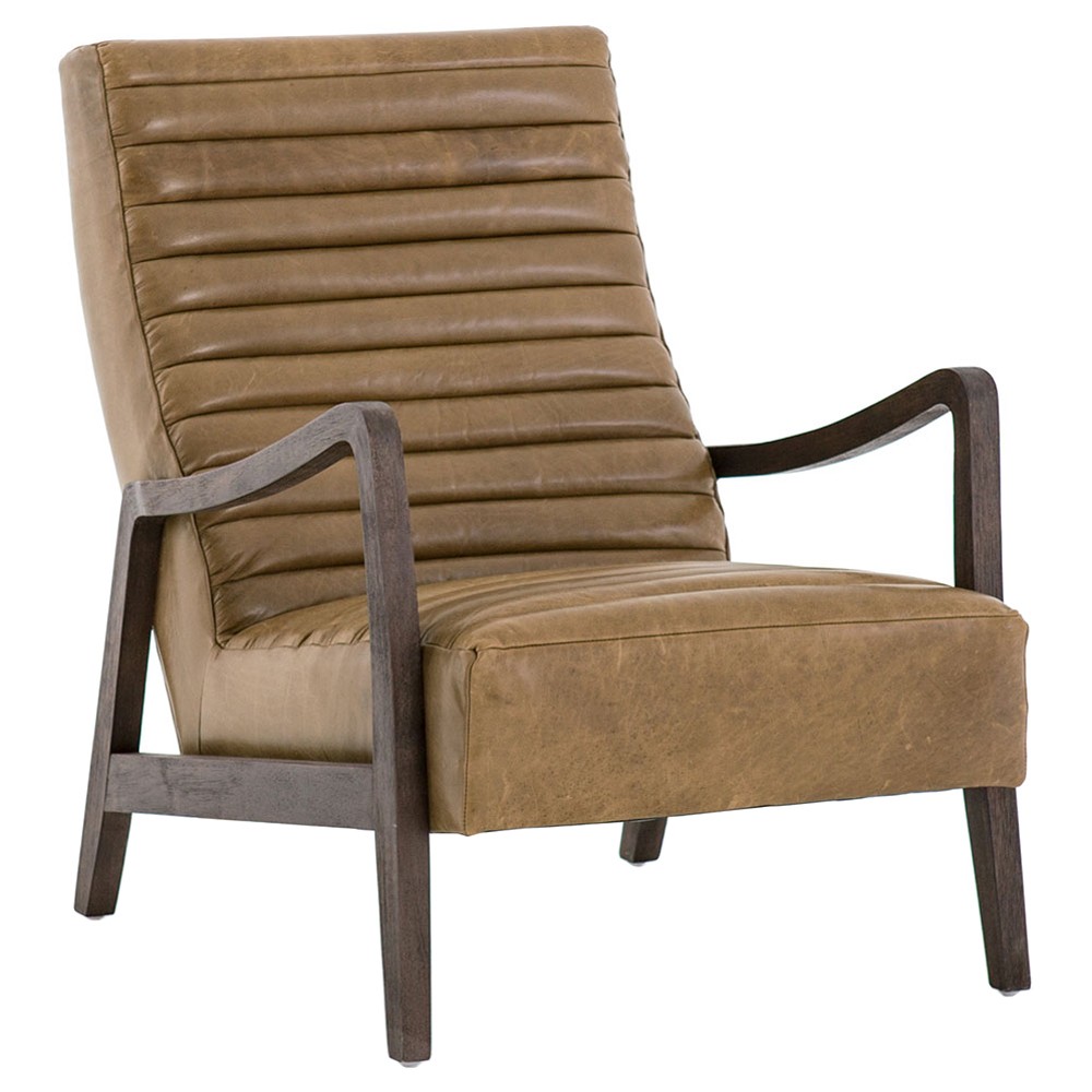 Amani Mid Century Brown Upholstred Leather Wood Tufted Occasional Arm Chair|