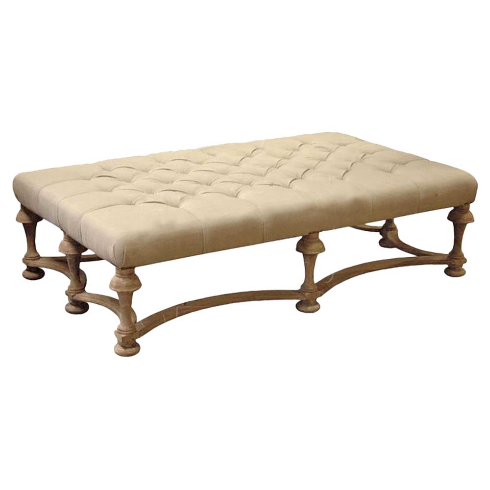 Foix French Country Tufted Linen and Natural Pine Ottoman 61