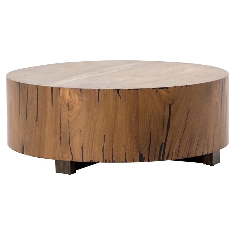 Redding Rustic Lodge Dark Brown Pine Wood Round Drum Coffee Table