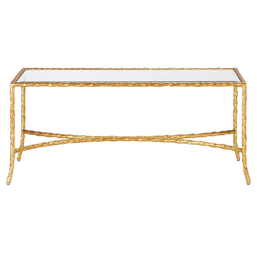 Gilt Twist French Deco Antique Gold Leaf Glass Rectangular Coffee Table|