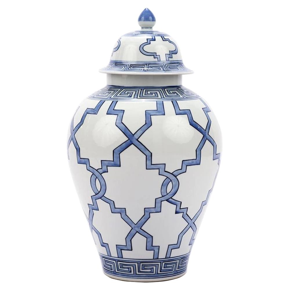 Turia French Country Blue and White Large 23in Porcelain Greek Grids Heaven Jar|