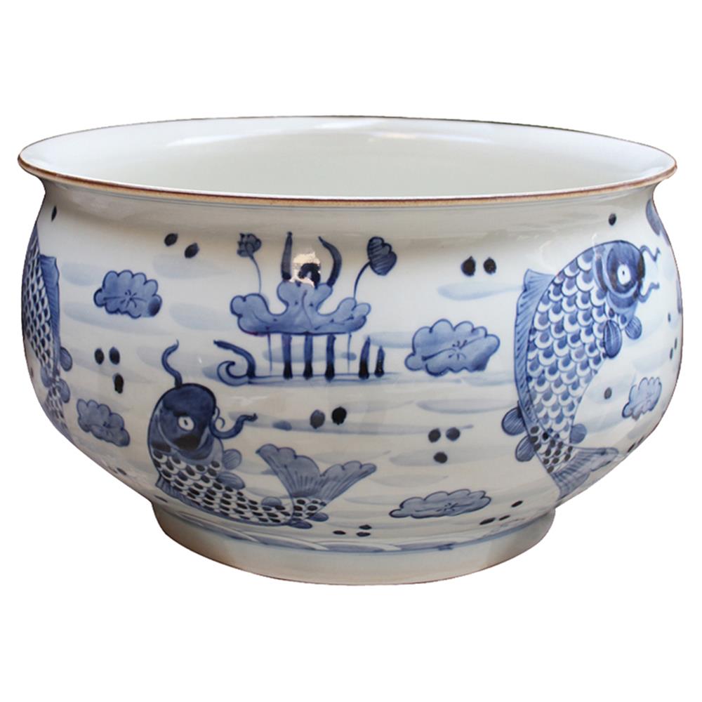 Keyla French Blue and White Koi Fish Round Orchid Porcelain Bowl|