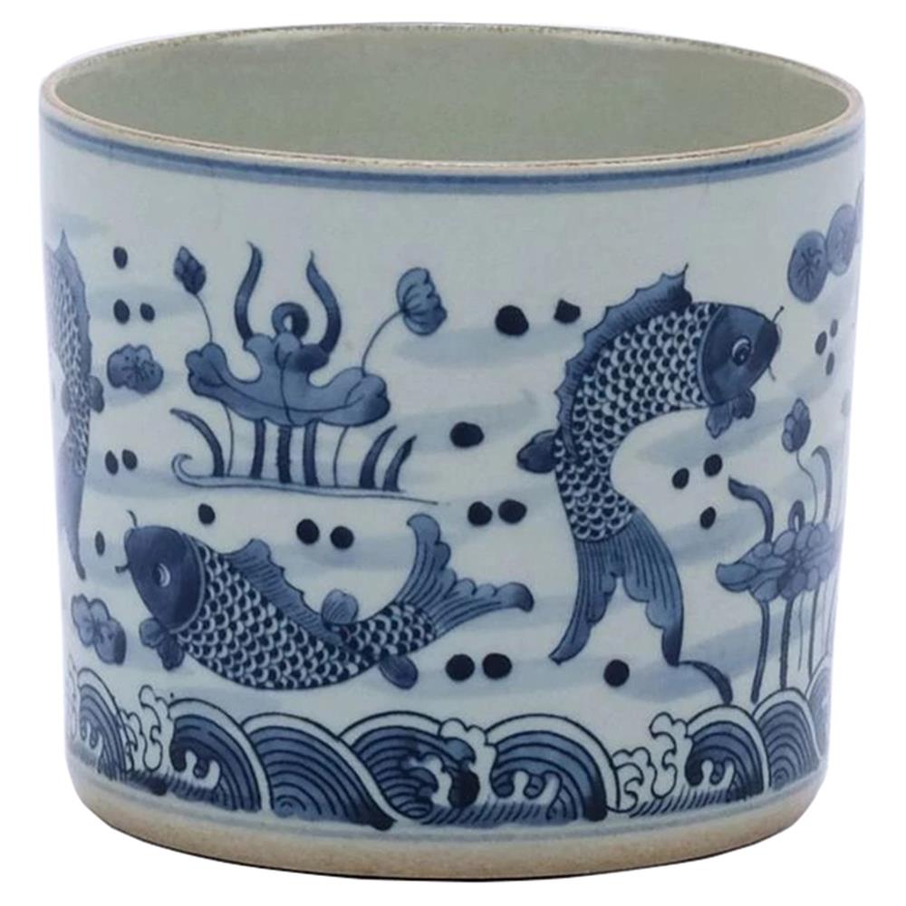 Keyla Modern Classic Blue and White Porcelain Fish Orchid Planter|