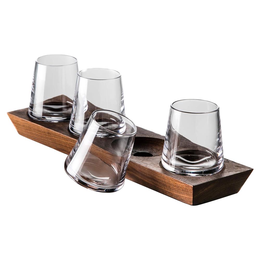 Simon Pearce Modern Classic Ludlow Whiskey Flight Glass Walnut Base - Set of 4|