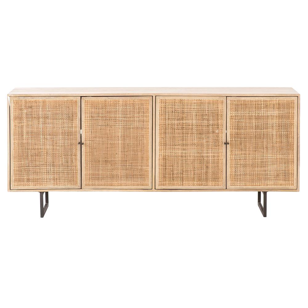 Emilie Coastal Beach 4 Door Natural Cane Mango Wood Metal Legs Sideboard|