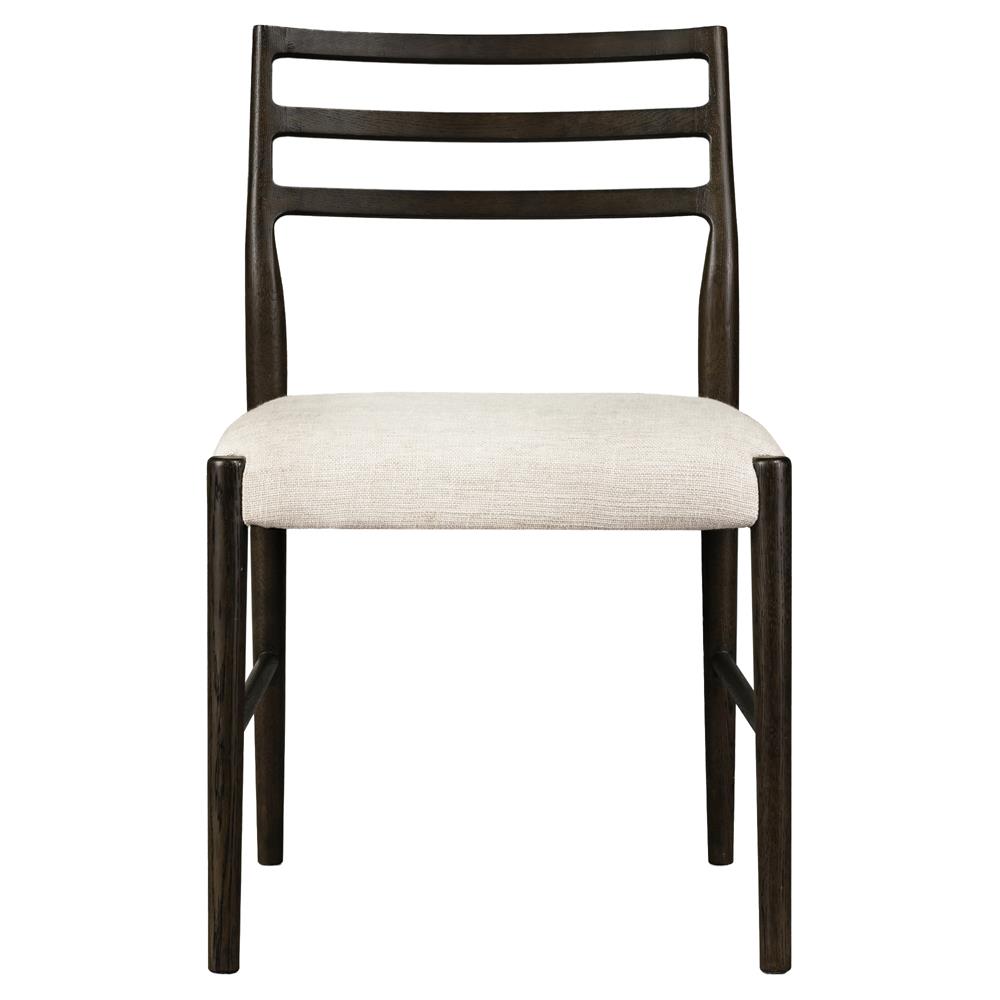George Mid Century Beige Upholstered Black Oak Wood Ladder Back Dining Chair|