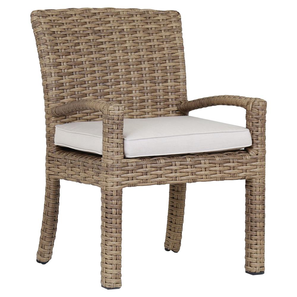 Aria Coastal Beige Cushion Brown Outdoor Dining Arm Chair|