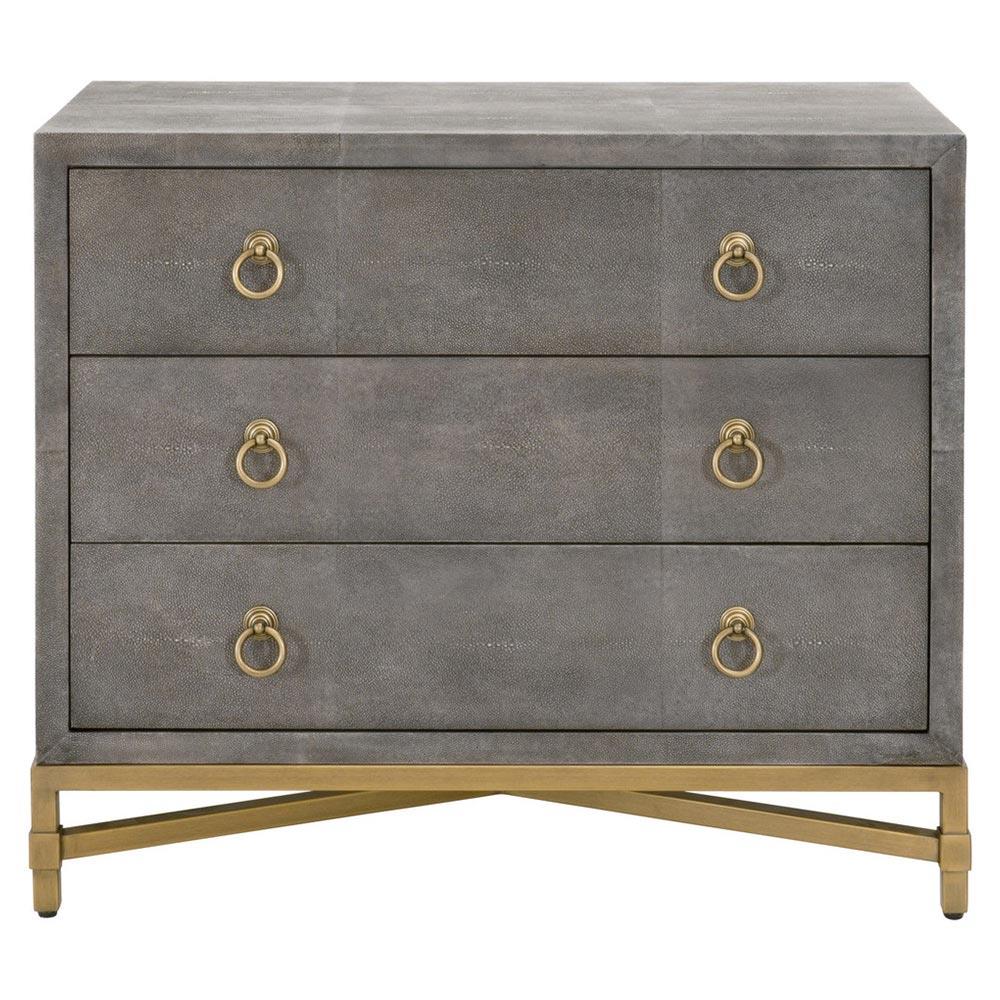 Simon Modern Grey Faux Shagreen Resin Brushed Gold Metal 3 Drawer Nightstand|