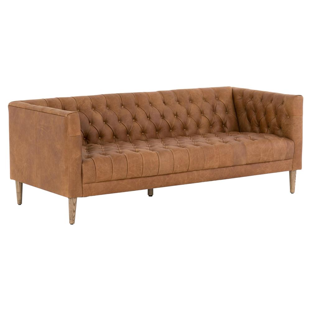 Walter Light Brown Upholstered Leather Natural Wood Tufted Sofa - Small - 75"W|