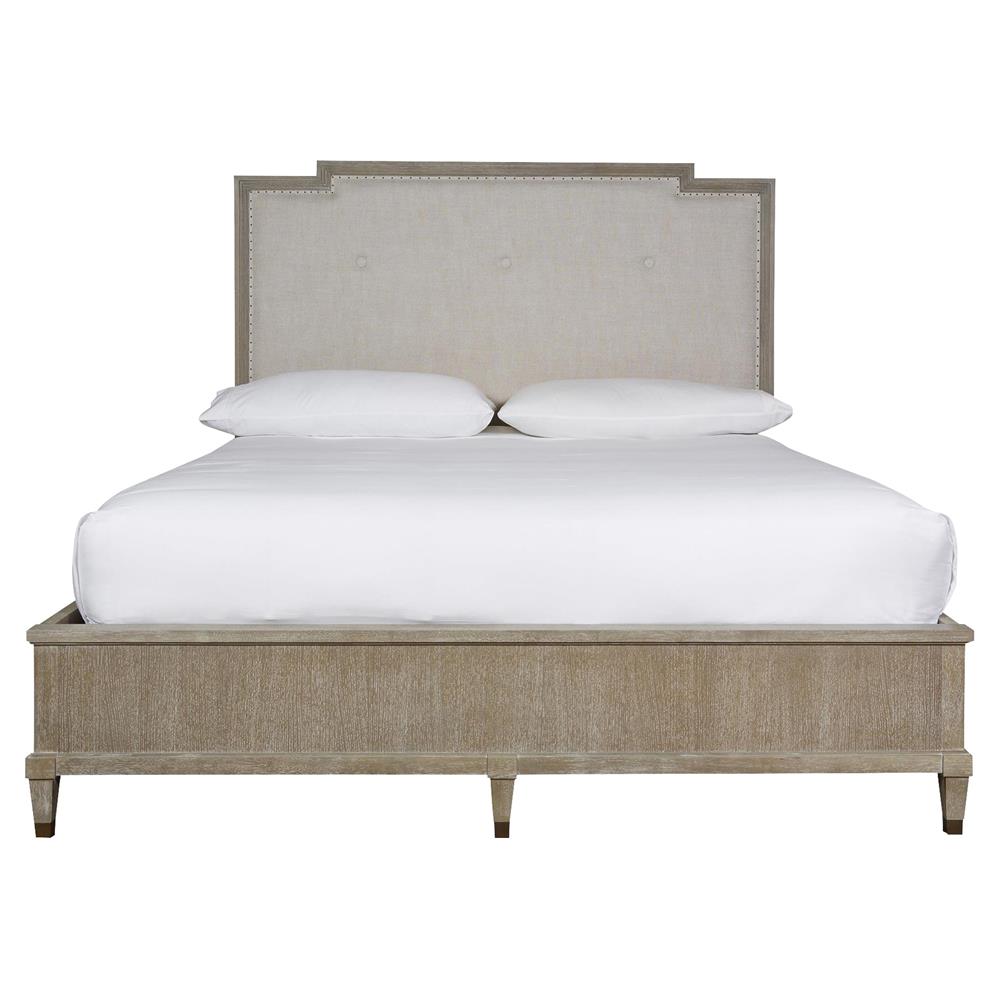 Julia French Grey Upholstered Light Brown Wood Nailhead Trim Bed - King|