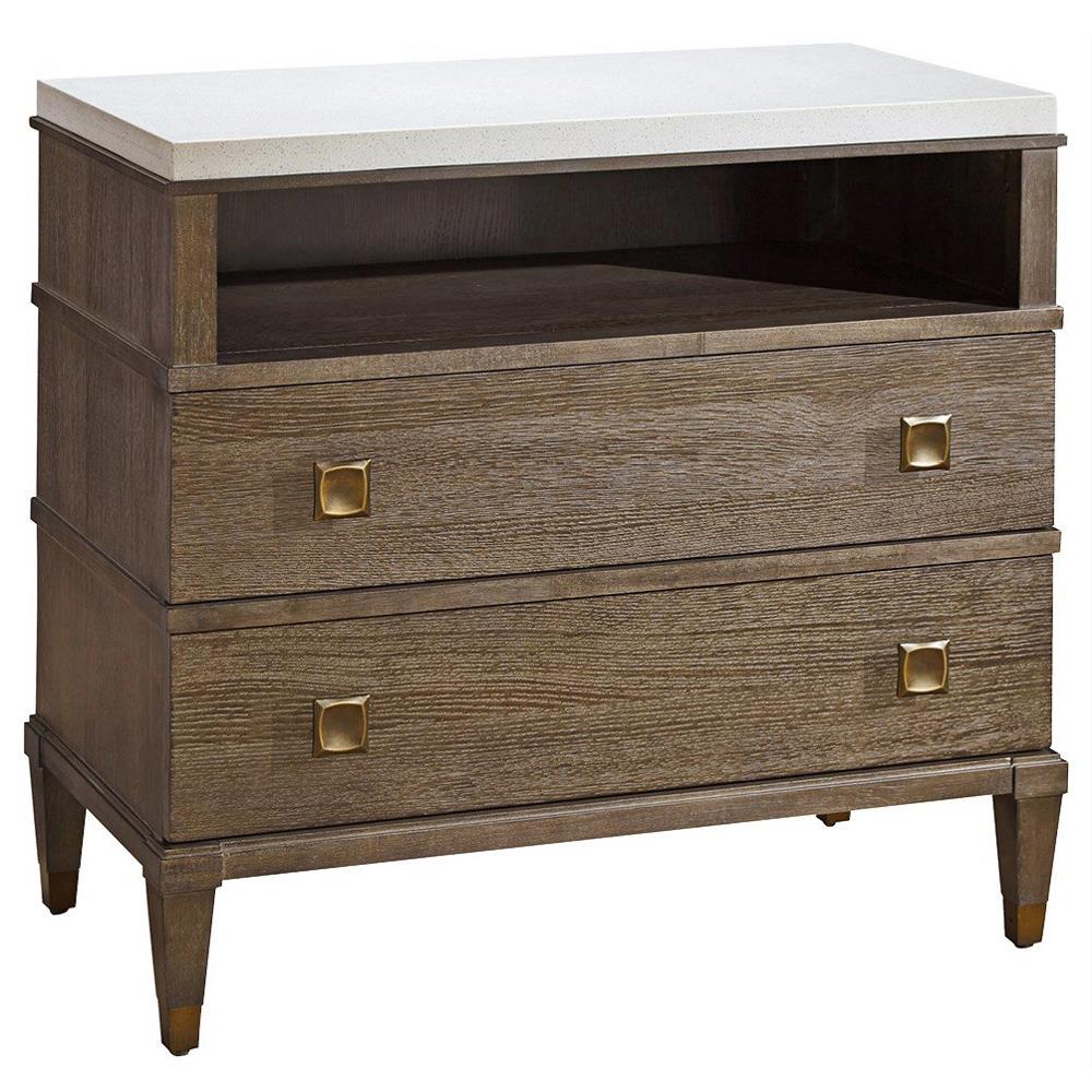 Norman Modern Classic Ivory Stone Top Brown Wood Nightstand|