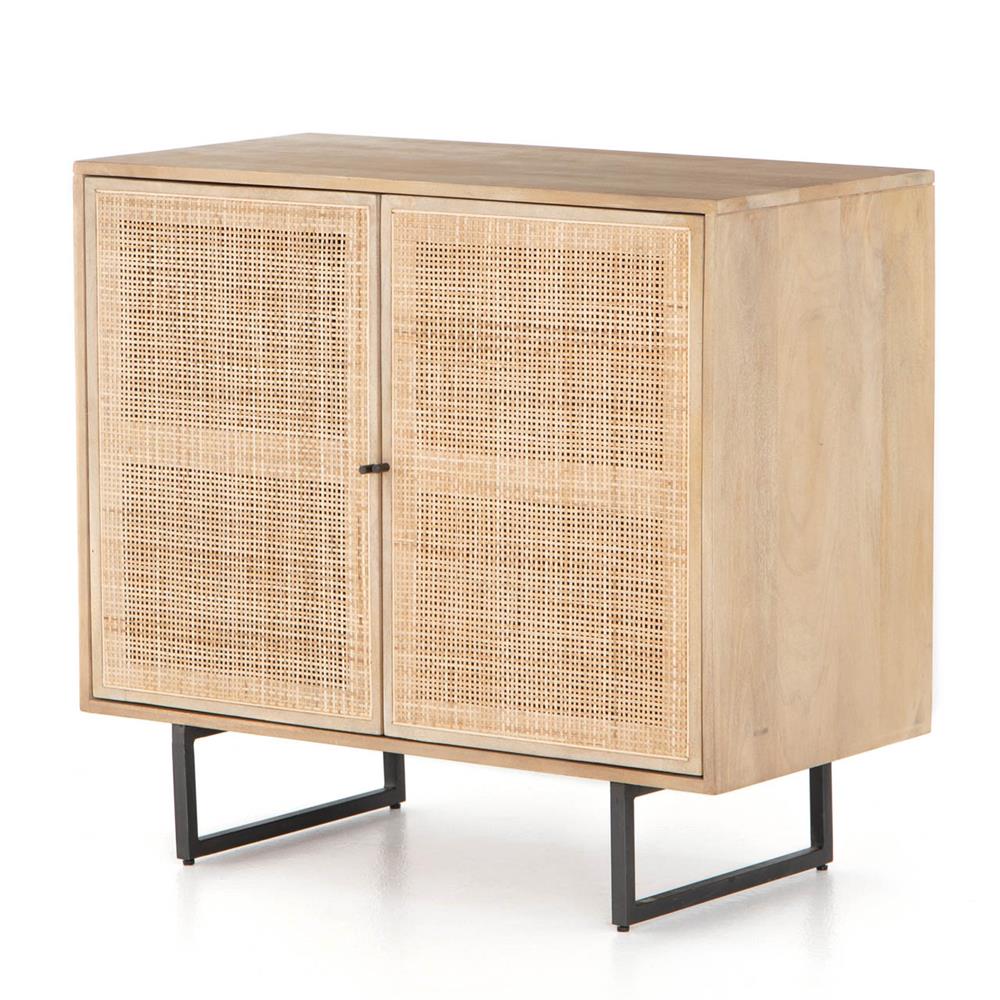 Emilie Light Brown Mango Wood Woven Cane Black Iron 2 Door Media Cabinet - 35"W|