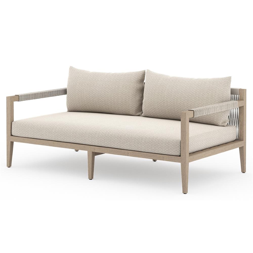 Cheryl Rustic Lodge Beige Upholstered Natural Teak Outdoor Sofa - Small - 63"W|