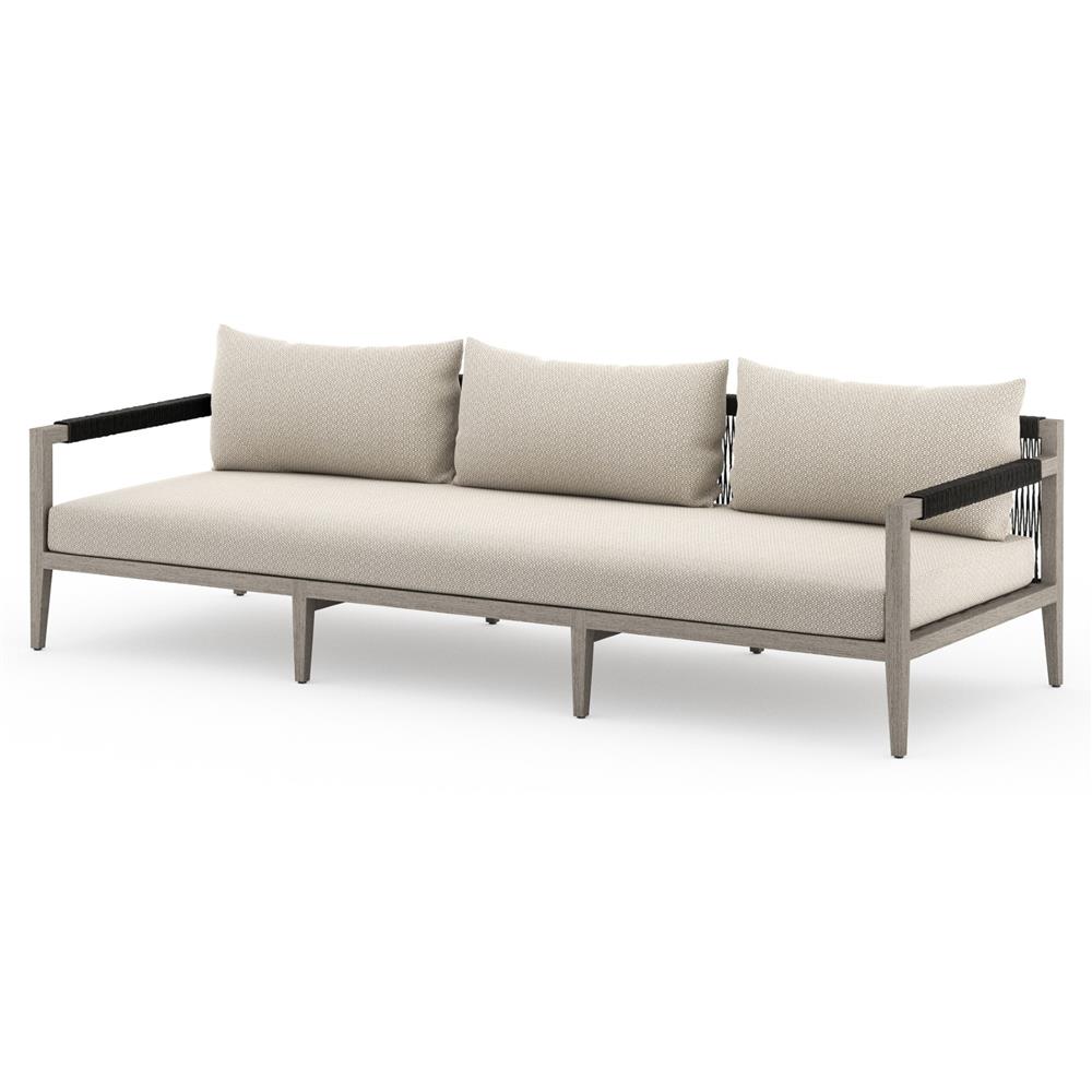 Cheryl Rustic Lodge Beige Upholstered Grey Teak Wood Frame Outdoor Sofa - Large - 93"W|