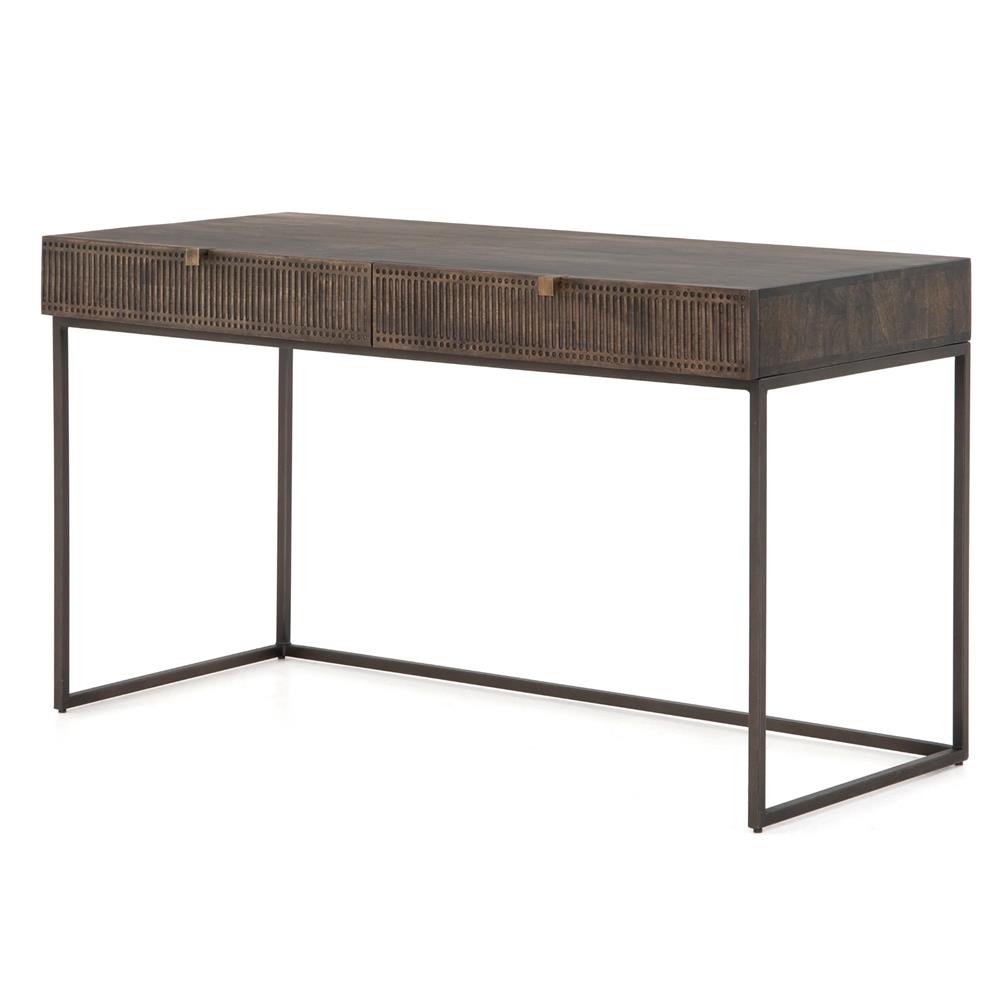 Madison Industrial Loft Dark Brown Carved Mango Wood Iron Desk|