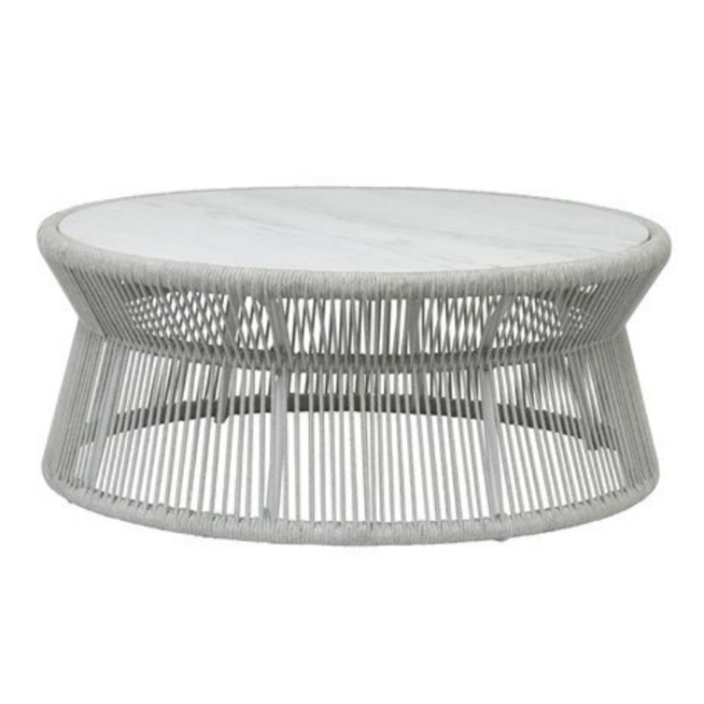 Mateo Coastal Marble Top Grey Rope Round Outdoor Coffee Table|
