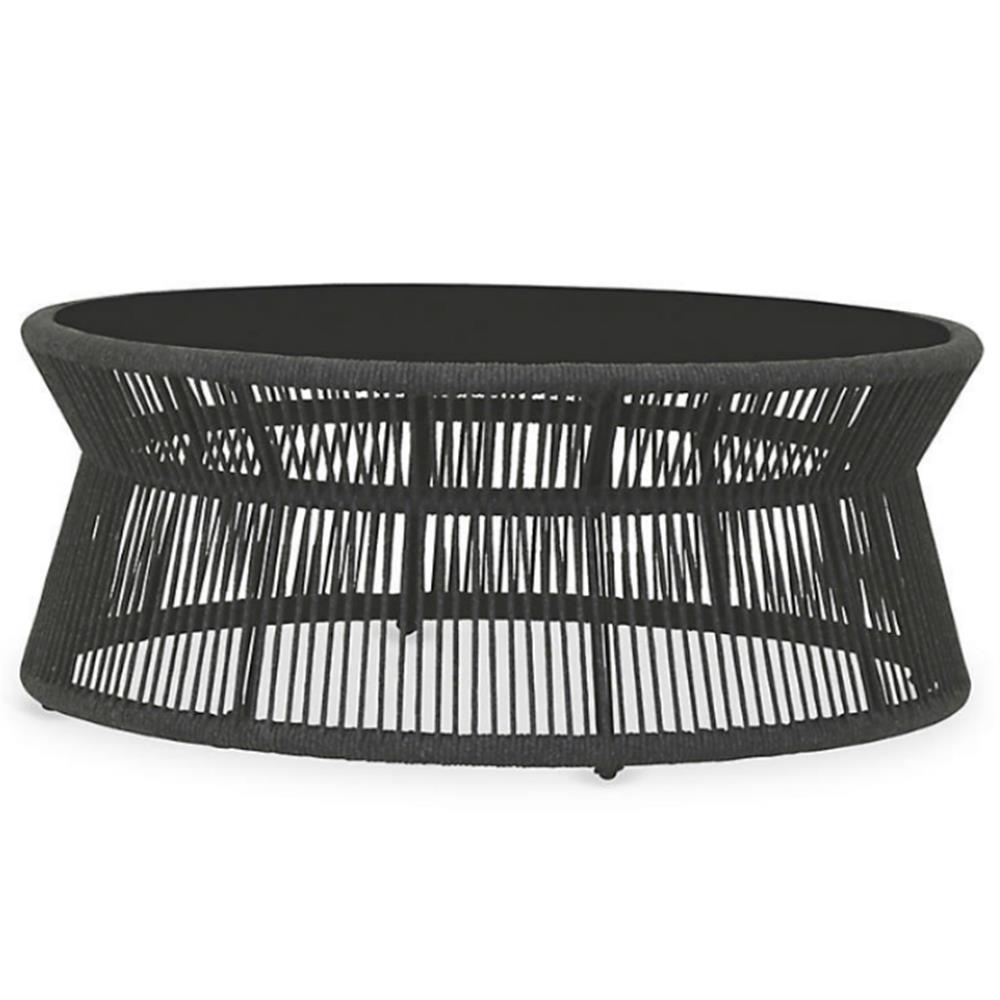 Levi Coastal Black Marble Top Woven Rope Round Outdoor Coffee Table|