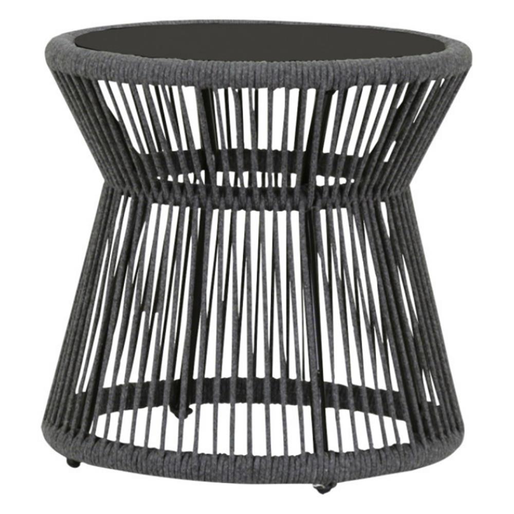 Levi Coastal Black Marble Top Woven Rope Round Outdoor Side End Table|