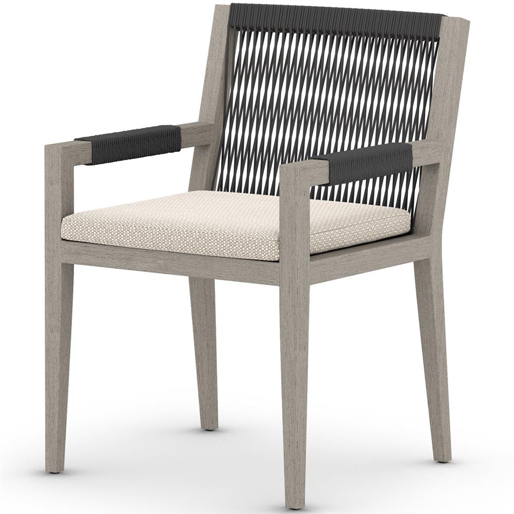 Cheryl Modern Beige Cushion Woven Grey Teak Outdoor Dining Arm Chair|