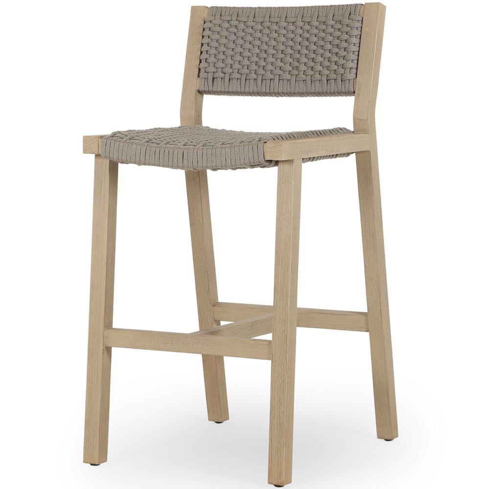Dion Coastal Beach Light Grey Woven Rope Washed Natural Teak Outdoor Counter Stool|
