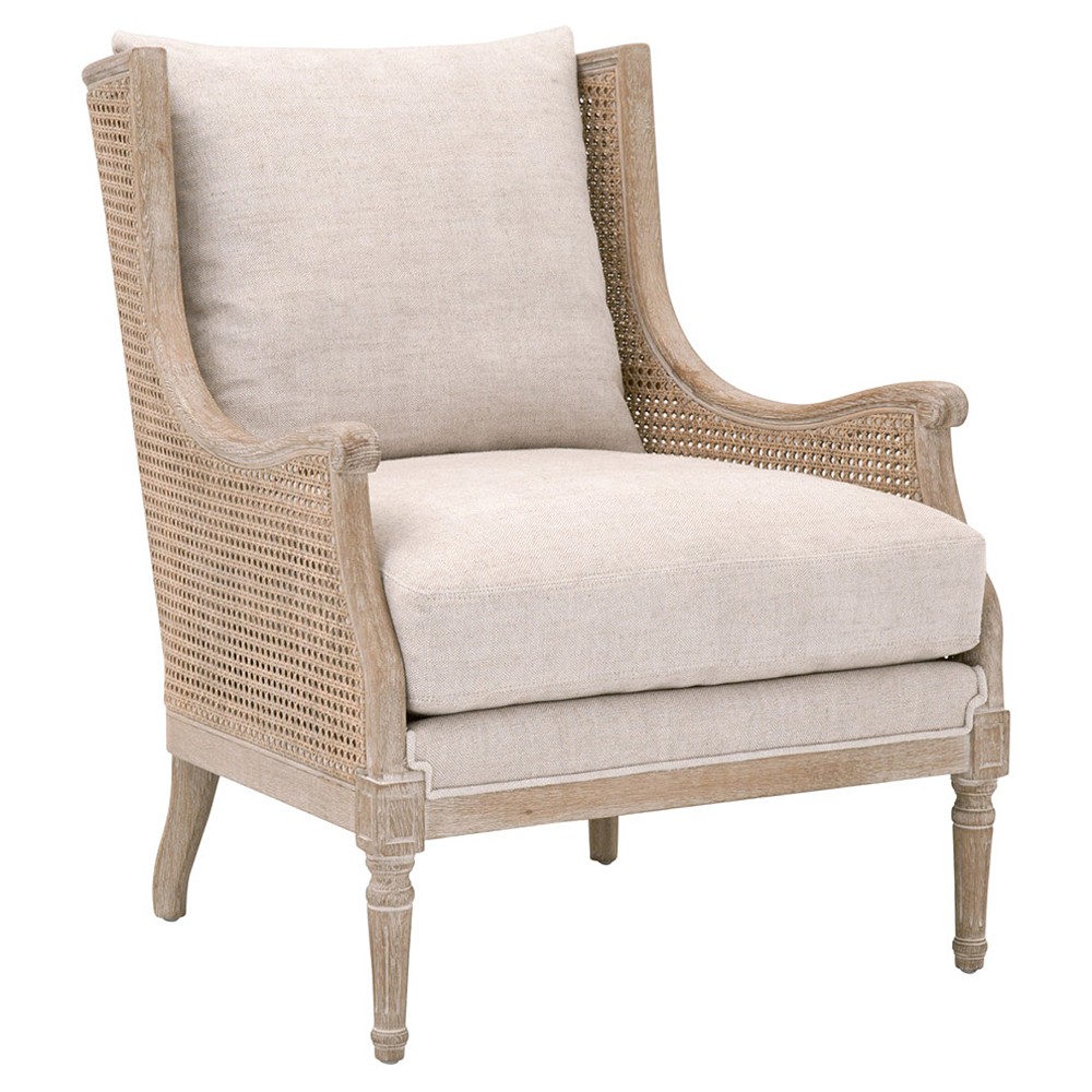 Beau French Country Beige Linen Blend Natural Cane Birch Wood Wing Arm Chair|