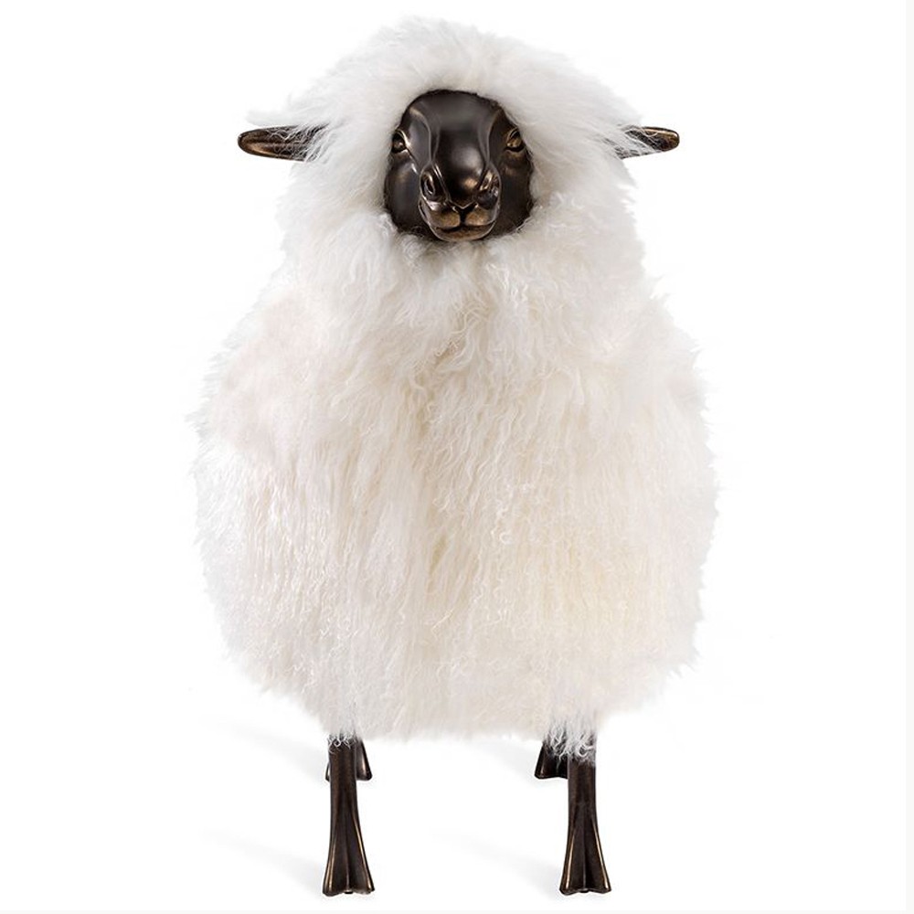 Seamus Modern Ivory Sheepskin Antique Bronze Sheep Statue|