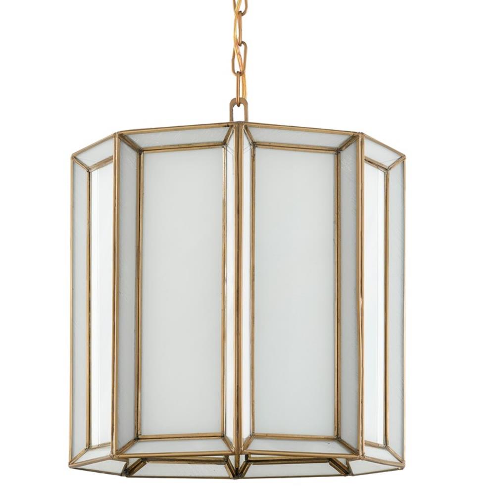 Farrah Hollywood Regency White Glass Antique Brass Pendant|