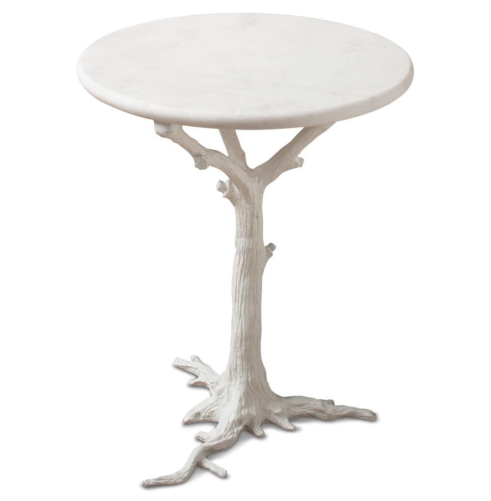 洋楽 ROUNDTREE White Tree Branch Iron Marble Round Accent End Table