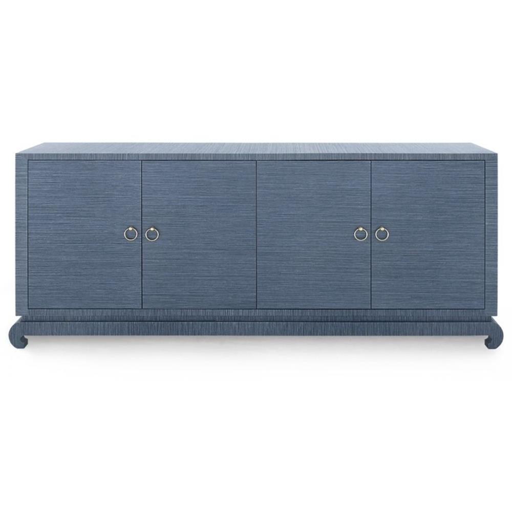 Meredith Modern Classic Blue Grasscloth Wood Media Cabinet|