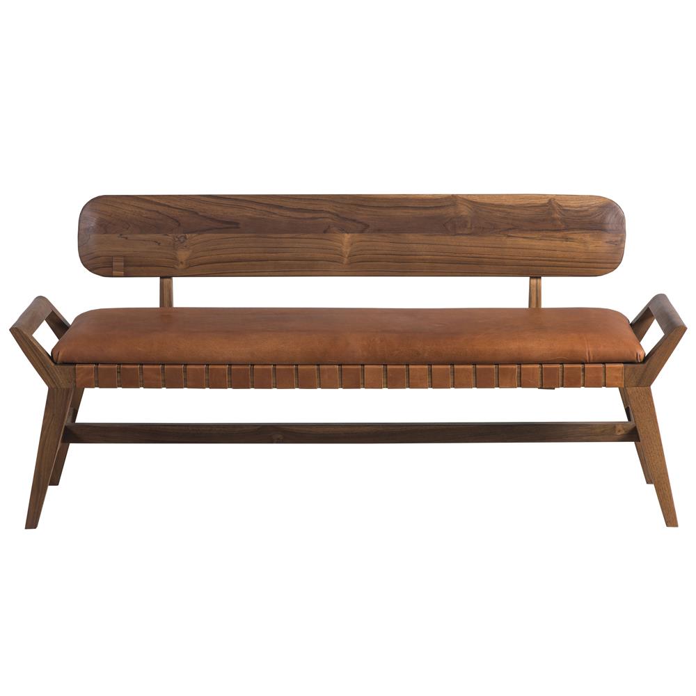 Rebecca Mid Century Brown Leather Upholstered Teak Wood Bench Long - Main Image