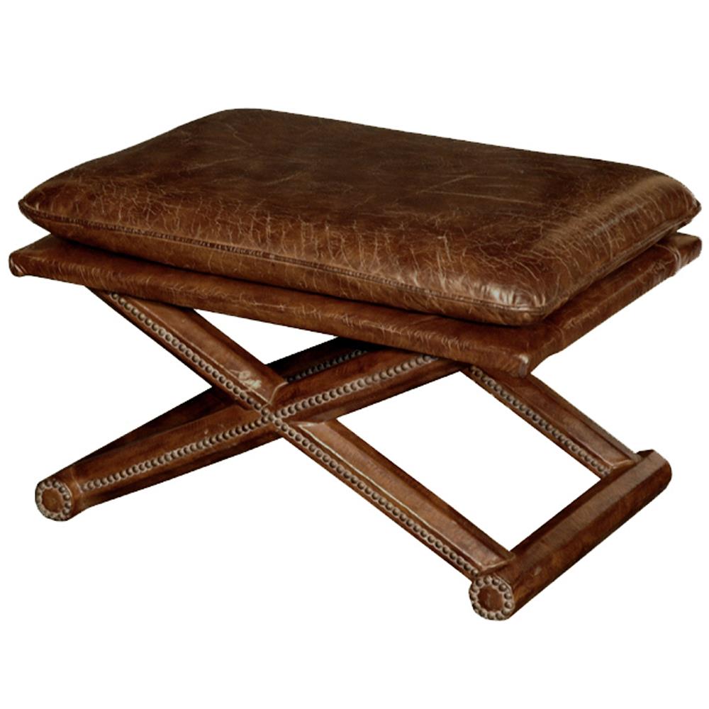 Thiago Rustic Lodge Brown Leather X Base Wood Stool|